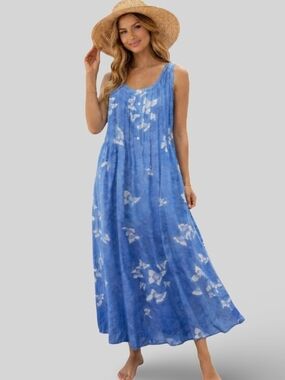 DEL SOLE Maxi‎ Dress Blue White Butterflies Pintuck Women's Small